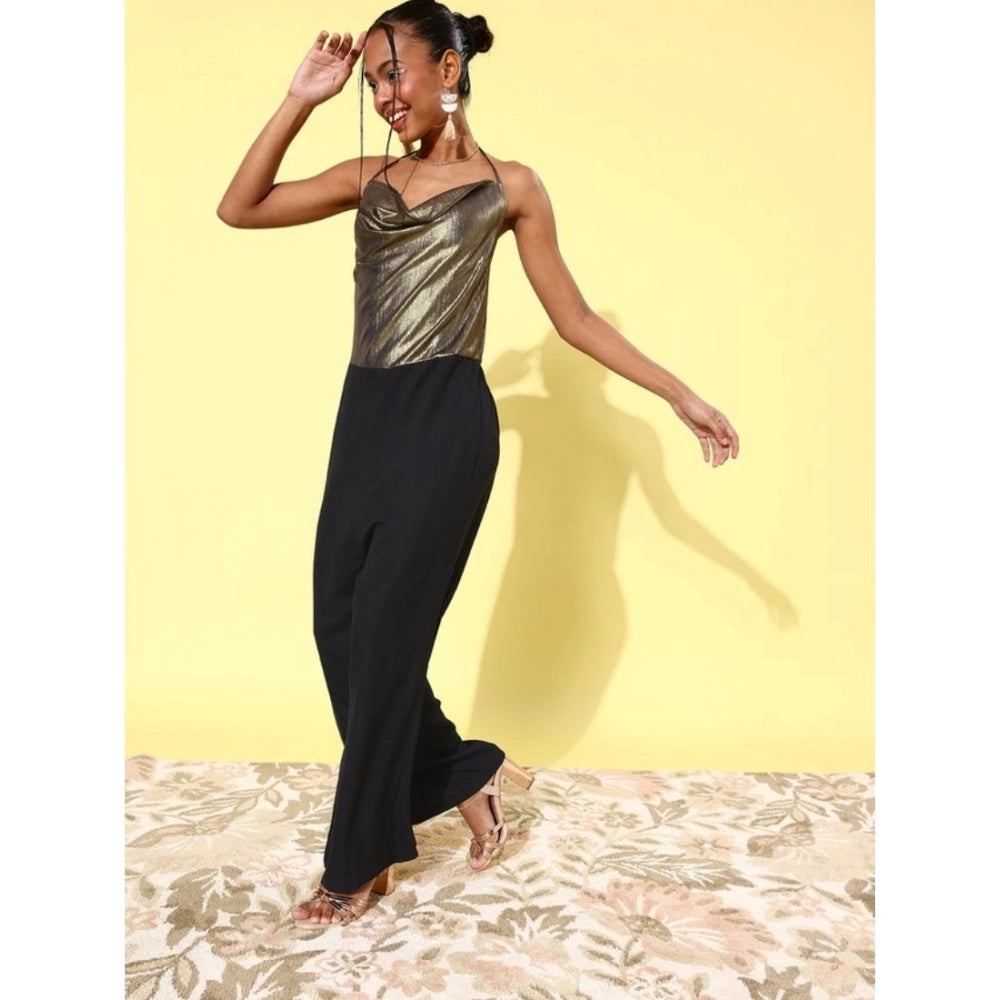 Indoraa Women's Polyester Embellished Sleeveless Jumpsuit (Gold)