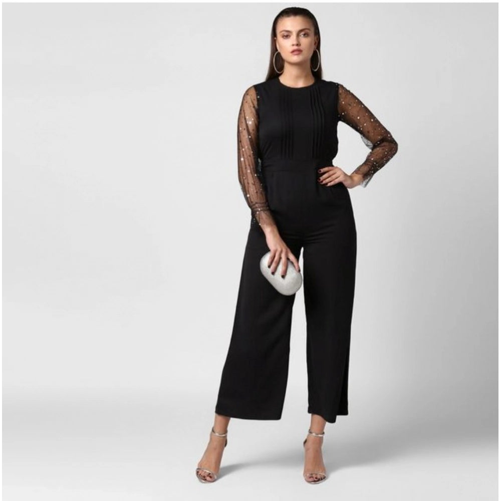 Indoraa Women's Polyester Embellished Long Sleeve Jumpsuit (Black)