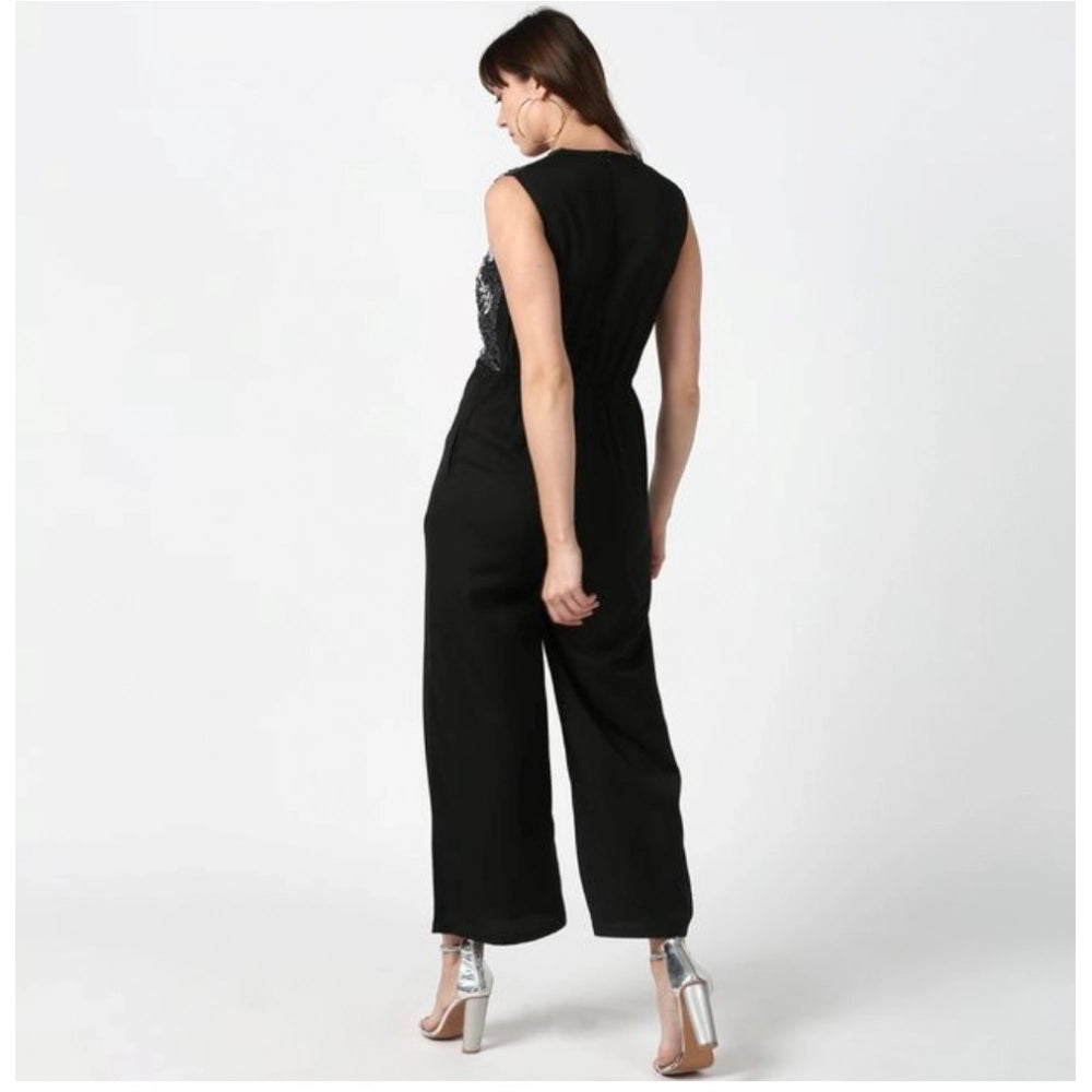 Indoraa Women's Polyester Embroidered Sleeveless Jumpsuit (Black)