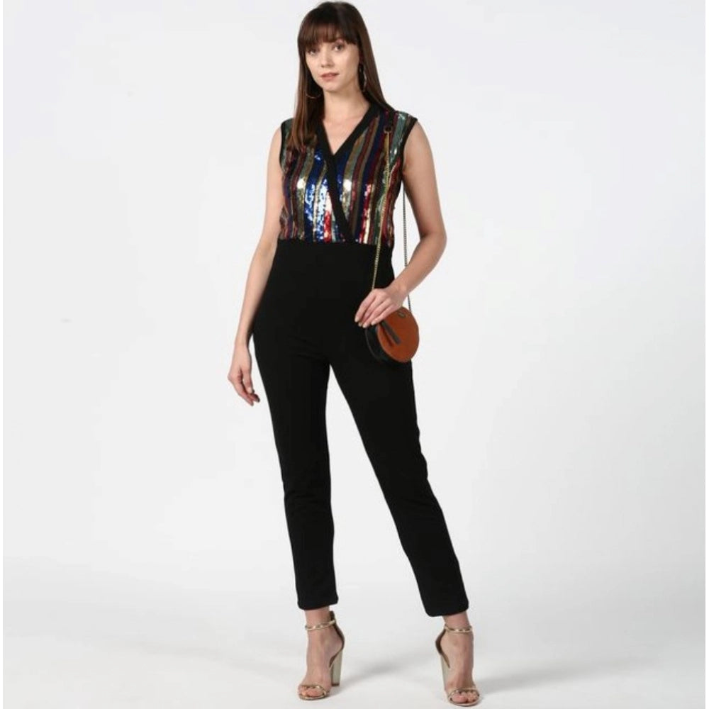 Indoraa Women's Polyester Embellished Sleeveless Jumpsuit (Black)