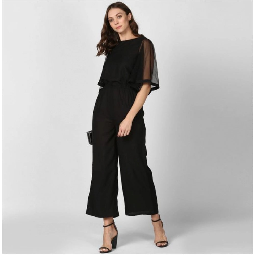 Indoraa Women's Polyester Solid Half Sleeve Jumpsuit (Black)