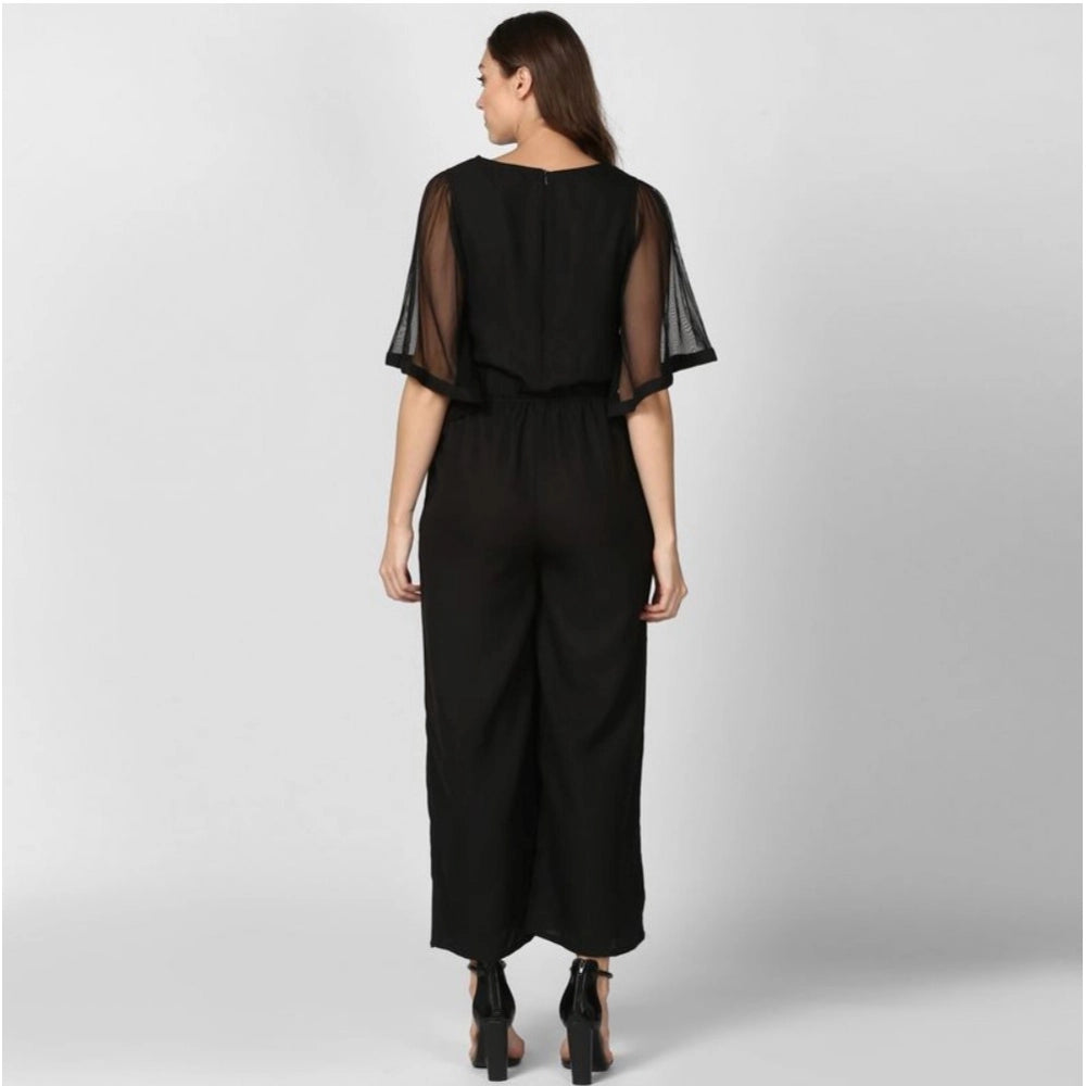 Indoraa Women's Polyester Solid Half Sleeve Jumpsuit (Black)