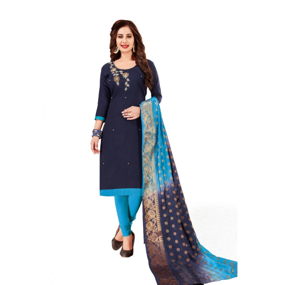 Indoraa Women's Slub Cotton Unstitched Salwar-Suit Material With Dupatta (Navy Blue, 2-2.5mtrs)
