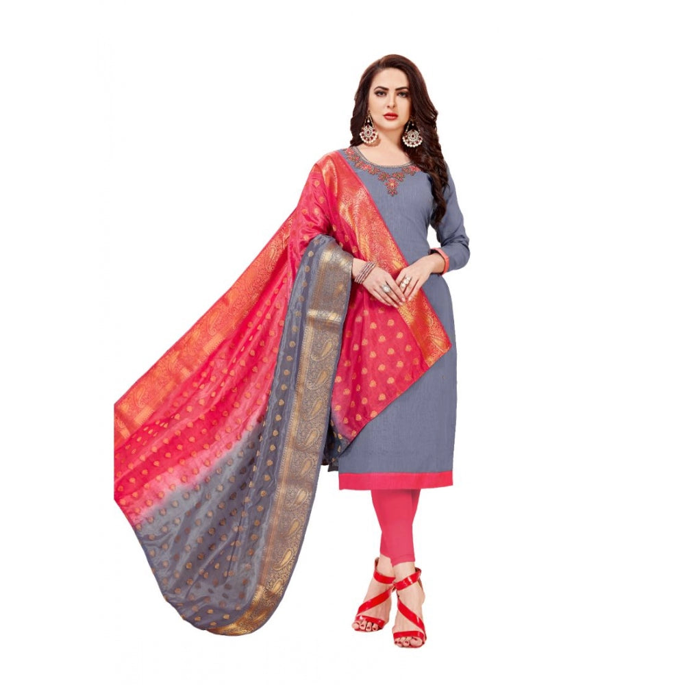 Indoraa Women's Slub Cotton Unstitched Salwar-Suit Material With Dupatta (Grey, 2-2.5mtrs)