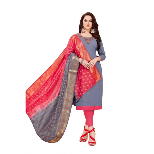 Indoraa Women's Slub Cotton Unstitched Salwar-Suit Material With Dupatta (Grey, 2-2.5mtrs)
