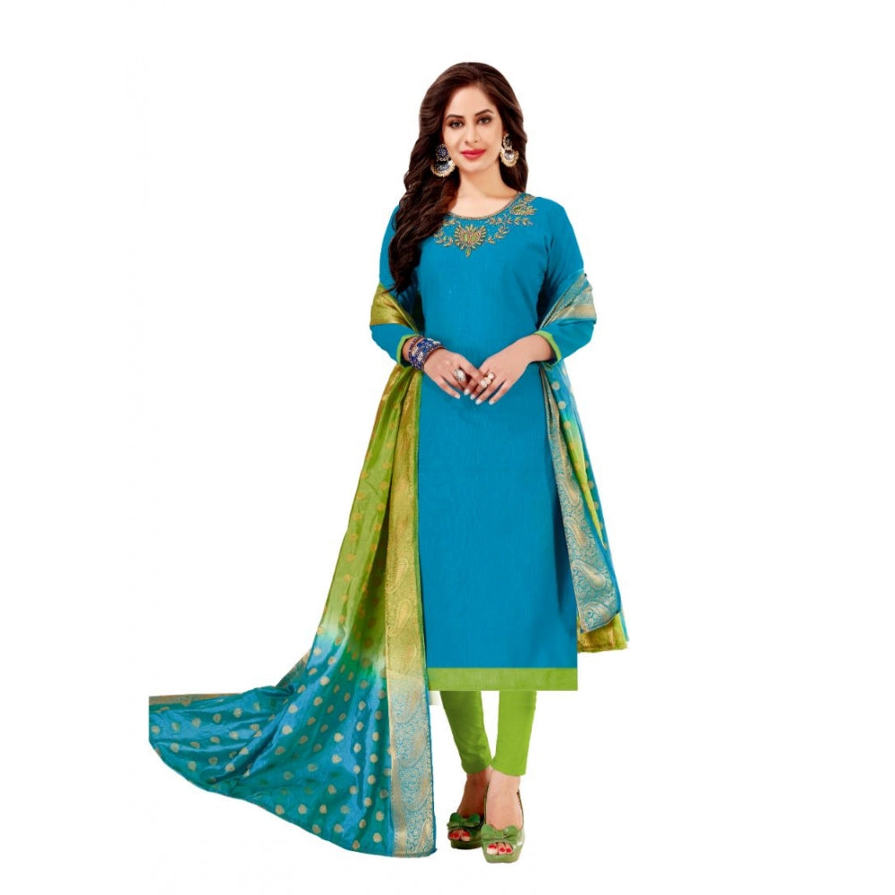 Indoraa Women's Slub Cotton Unstitched Salwar-Suit Material With Dupatta (Blue, 2-2.5mtrs)