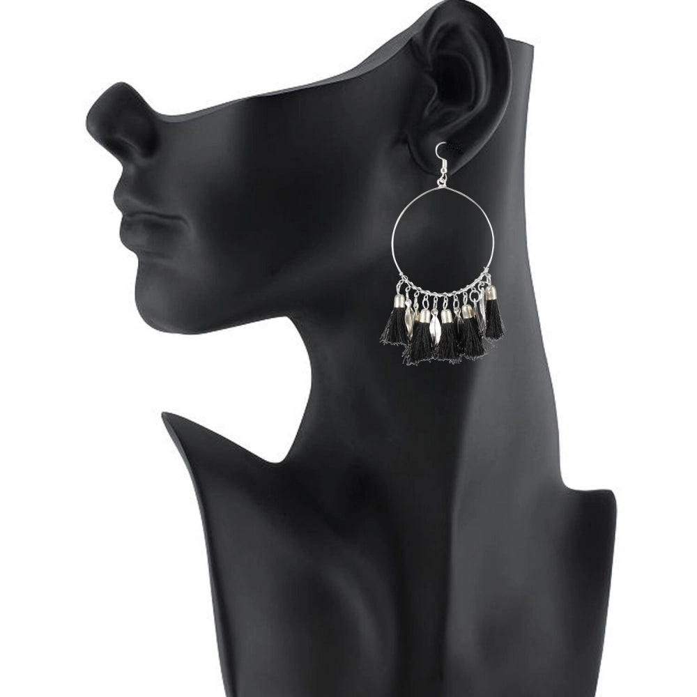 indoraa Women's Alloy Hook Dangler Hanging Tassel Fashion Earrings-Black