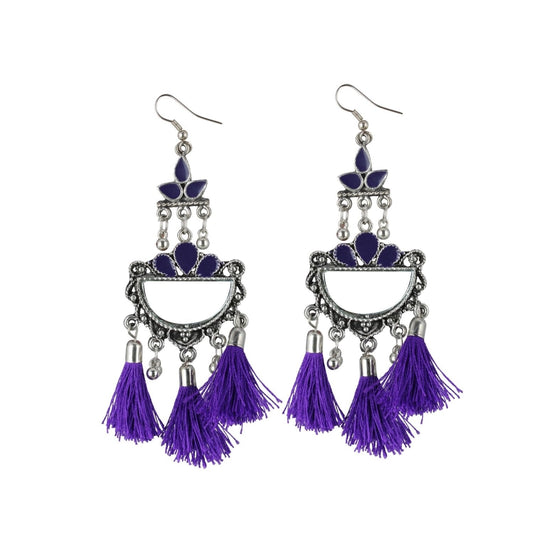 indoraa Women's Silver Plated Afgani Tassel Earrings-Purple