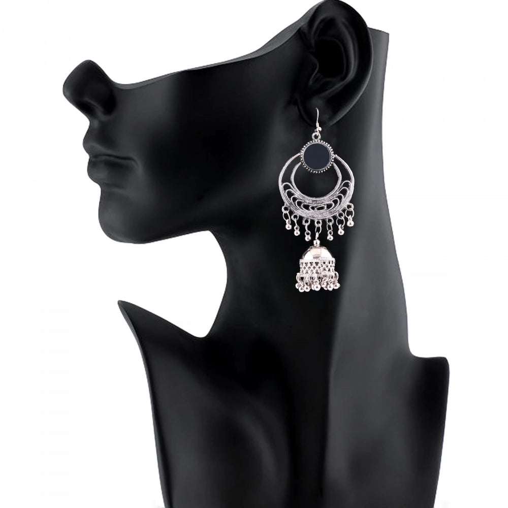 indoraa Women's Silver Oxidized Hook Dangler Hanging Afgani Tribal Fancy Earrings-Silver