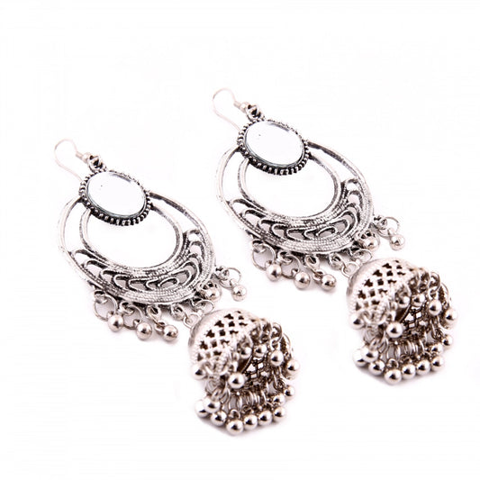 indoraa Women's Silver Oxidized Hook Dangler Hanging Afgani Tribal Fancy Earrings-Silver