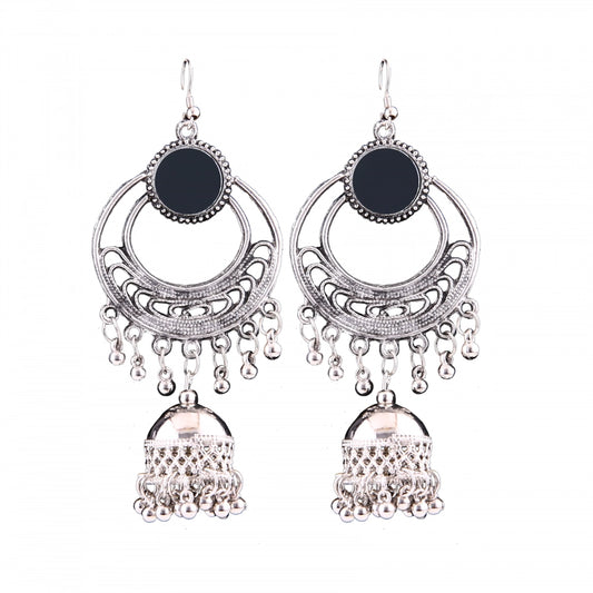 indoraa Women's Silver Oxidized Hook Dangler Hanging Afgani Tribal Fancy Earrings-Silver