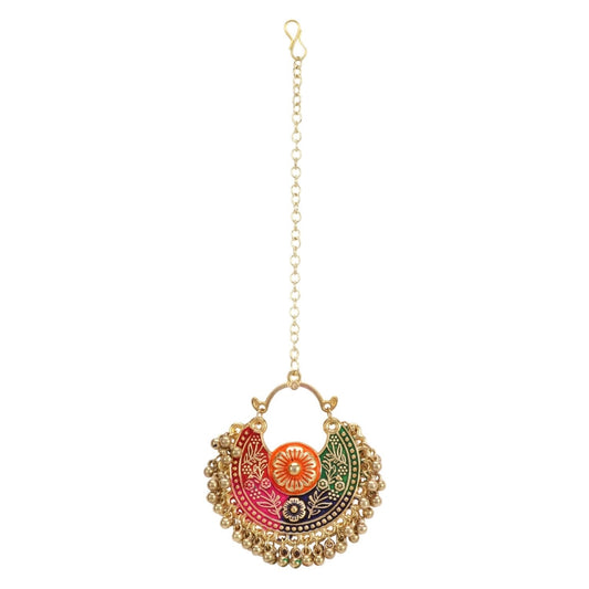 indoraa Women's Gold Oxidized Earrings and Maang Tikka-Multi