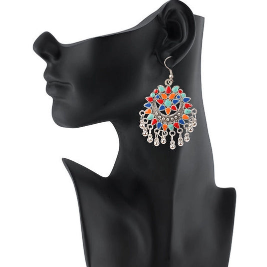indoraa Women's Oxidize Silver plated Hook Dangler Hanging Afgani Earrings-Multicolour