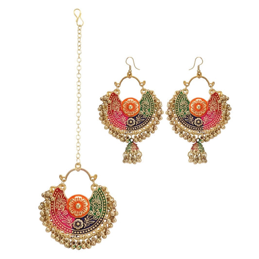 indoraa Women's Gold Oxidized Earrings and Maang Tikka-Multi