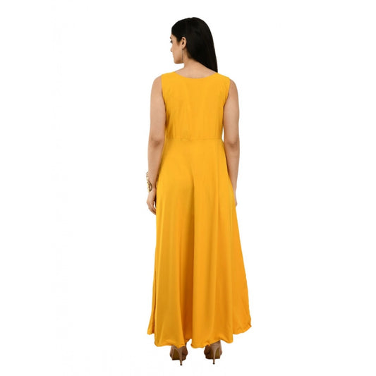 Indoraa Women's Crepe Solid Sleeveless Full Length Gown(Yellow)