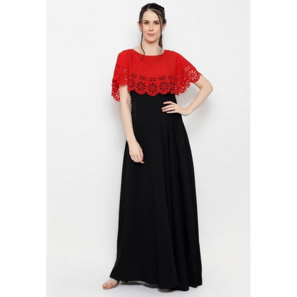 Indoraa Women's Crepe Solid Sleeveless Full Length Gown(Red Black)