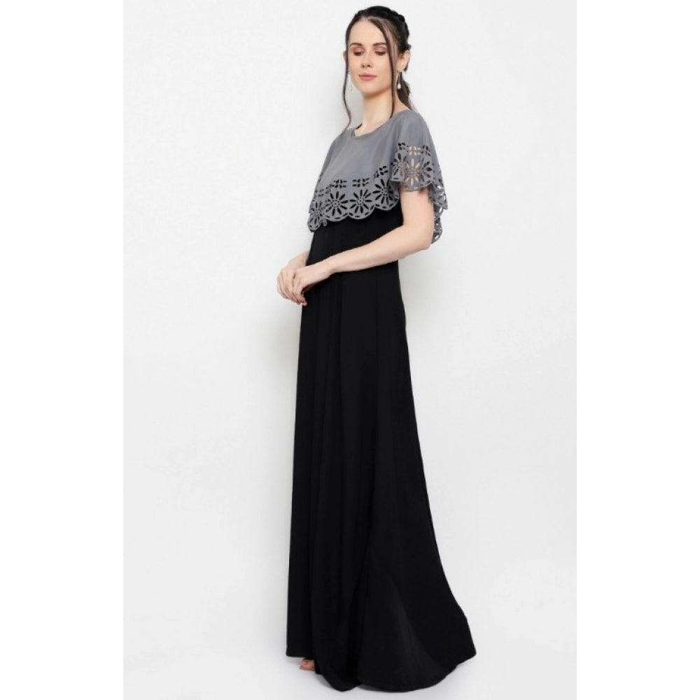 Indoraa Women's Crepe Solid Sleeveless Full Length Gown(Grey Black)