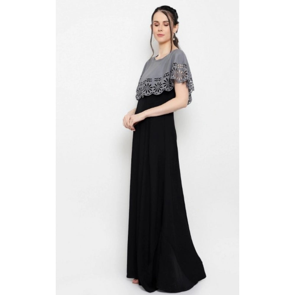Indoraa Women's Crepe Solid Sleeveless Full Length Gown(Grey Black)