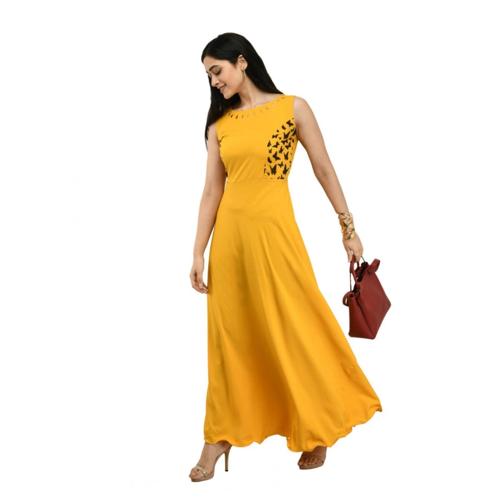 Indoraa Women's Crepe Solid Sleeveless Full Length Gown(Yellow)