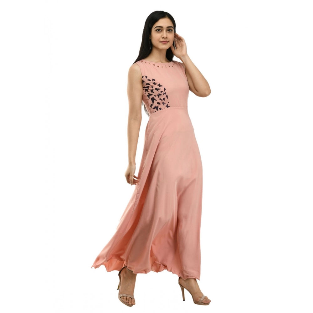 Indoraa Women's Crepe Solid Sleeveless Full Length Gown(Light Peach)