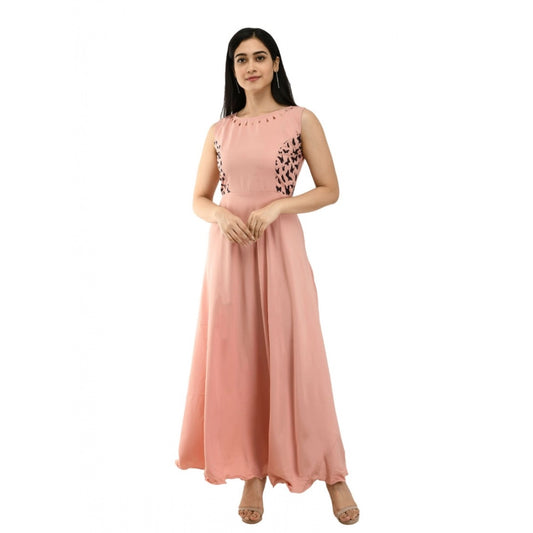 Indoraa Women's Crepe Solid Sleeveless Full Length Gown(Light Peach)