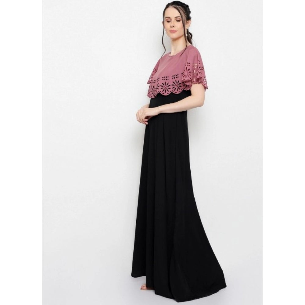 Indoraa Women's Crepe Solid Sleeveless Full Length Gown(Peach Black)