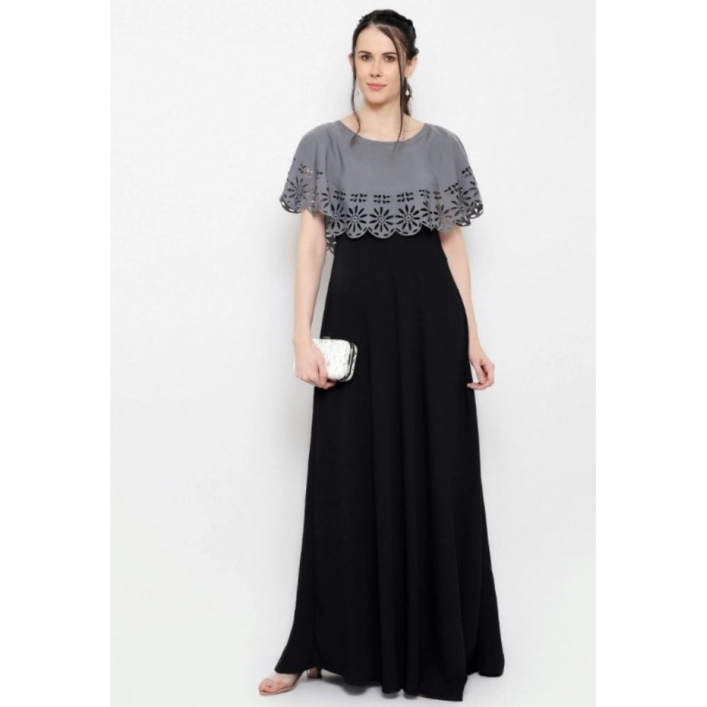 Indoraa Women's Crepe Solid Sleeveless Full Length Gown(Grey Black)