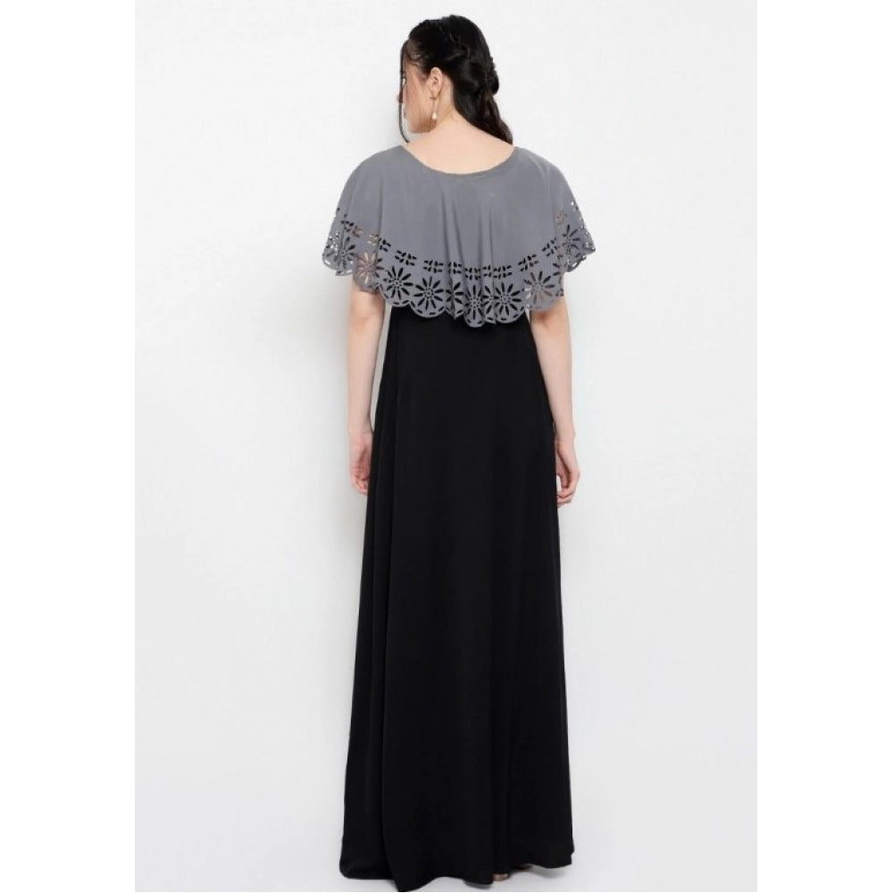 Indoraa Women's Crepe Solid Sleeveless Full Length Gown(Grey Black)
