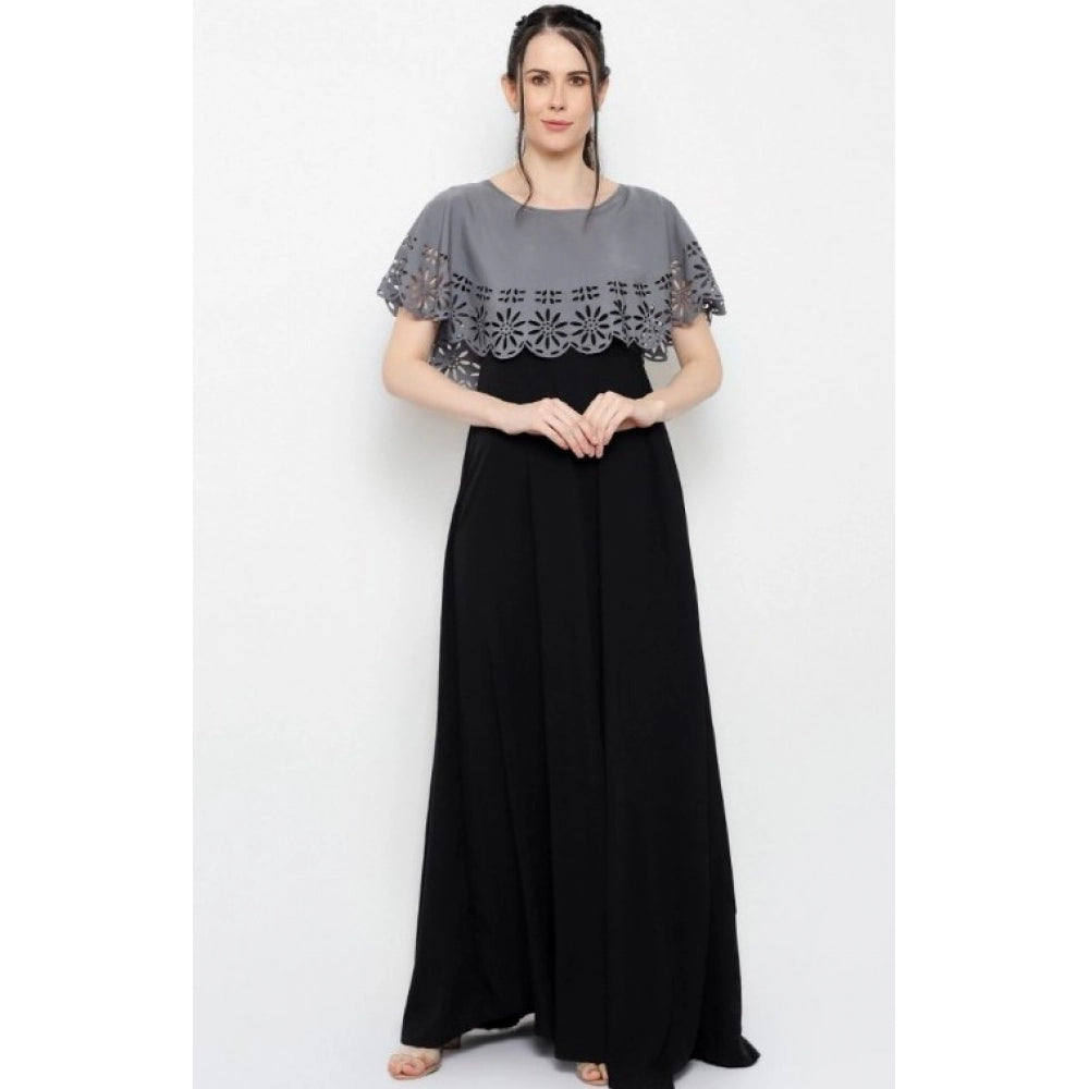 Indoraa Women's Crepe Solid Sleeveless Full Length Gown(Grey Black)