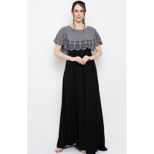 Indoraa Women's Crepe Solid Sleeveless Full Length Gown(Grey Black)