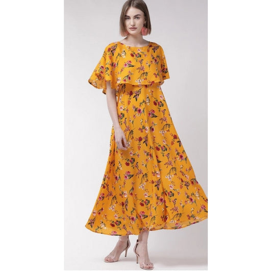 Indoraa Women's Crepe Floral Half Sleeves Full Length Gown(Yellow)