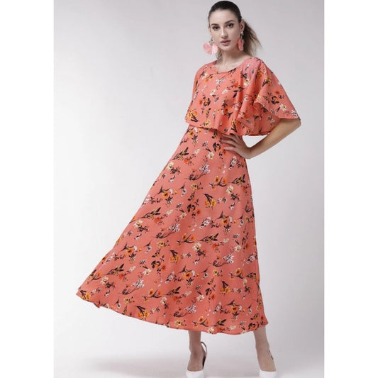 Indoraa Women's Crepe Floral Half Sleeves Full Length Gown(Orange)