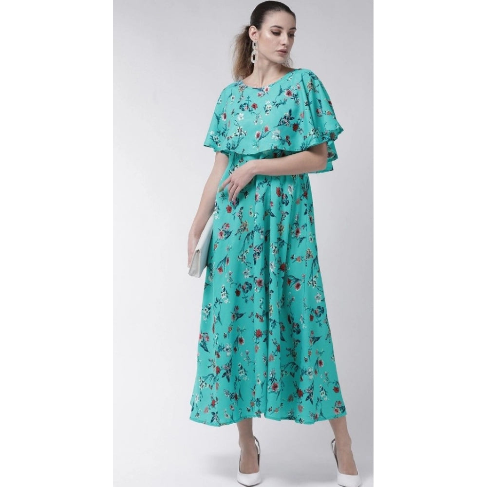 Indoraa Women's Crepe Floral Half Sleeves Full Length Gown(Turquoise)