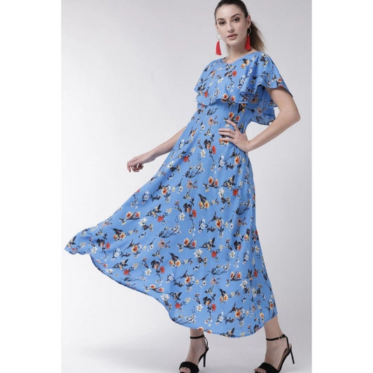 Indoraa Women's Crepe Floral Half Sleeves Full Length Gown(Blue)