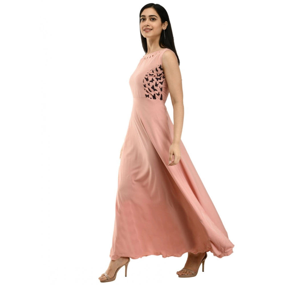 Indoraa Women's Crepe Solid Sleeveless Full Length Gown(Light Peach)