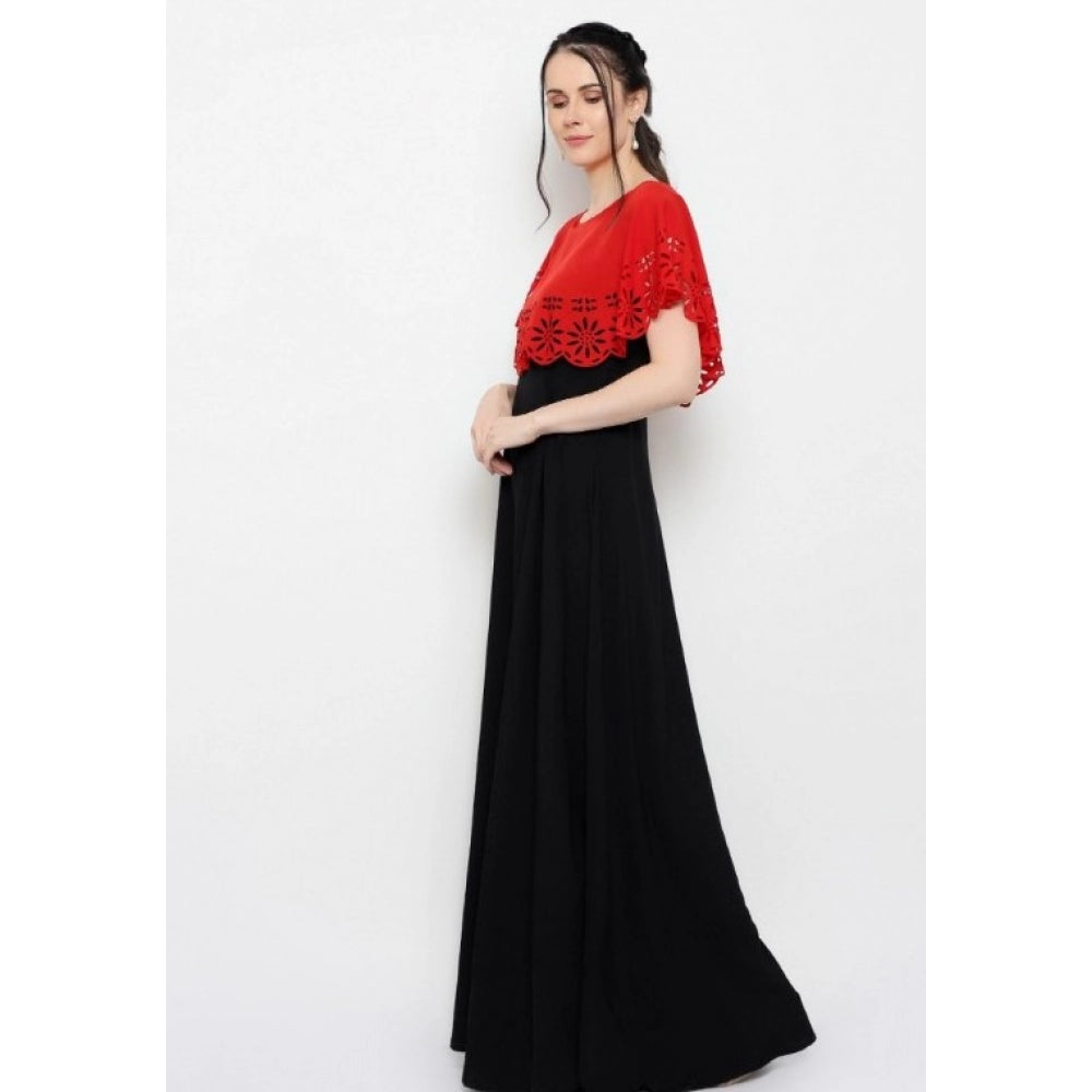 Indoraa Women's Crepe Solid Sleeveless Full Length Gown(Red Black)