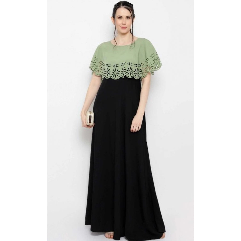 Indoraa Women's Crepe Solid Sleeveless Full Length Gown(Green Black)