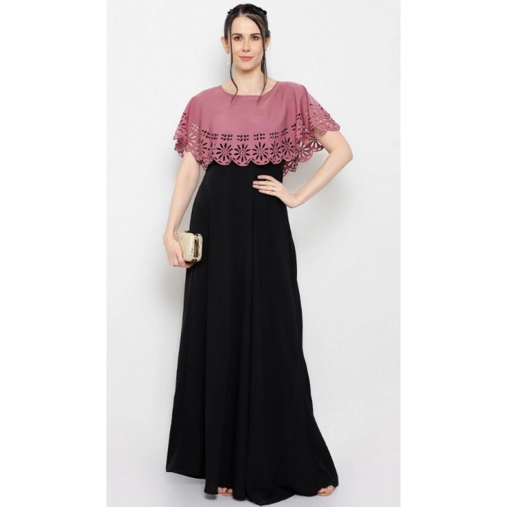 Indoraa Women's Crepe Solid Sleeveless Full Length Gown(Peach Black)