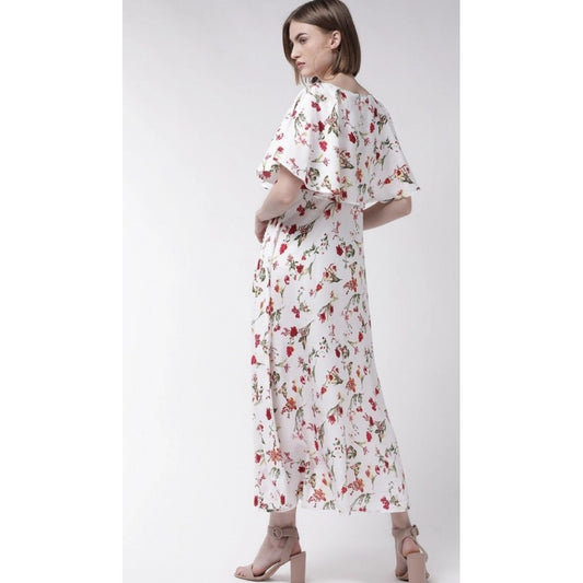 Indoraa Women's Crepe Floral Half Sleeves Full Length Gown(White)