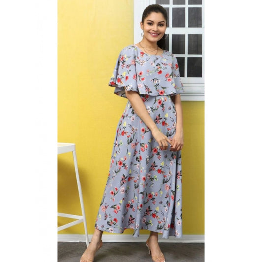 Indoraa Women's Crepe Floral Half Sleeves Full Length Gown(Light Grey)