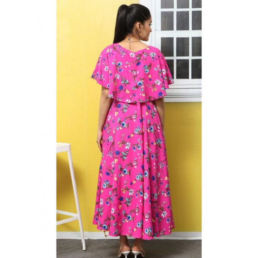 Indoraa Women's Crepe Floral Half Sleeves Full Length Gown(Pink)