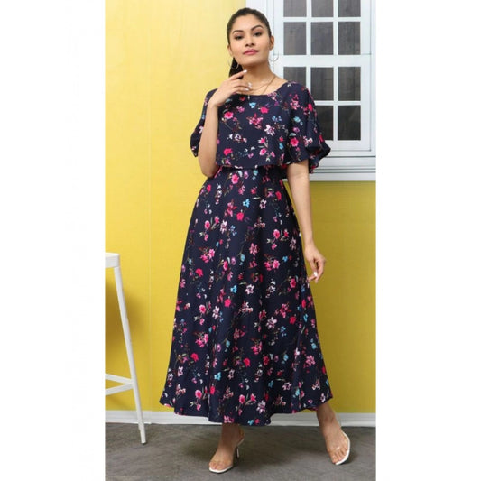 Indoraa Women's Crepe Floral Half Sleeves Full Length Gown(Dark Blue)