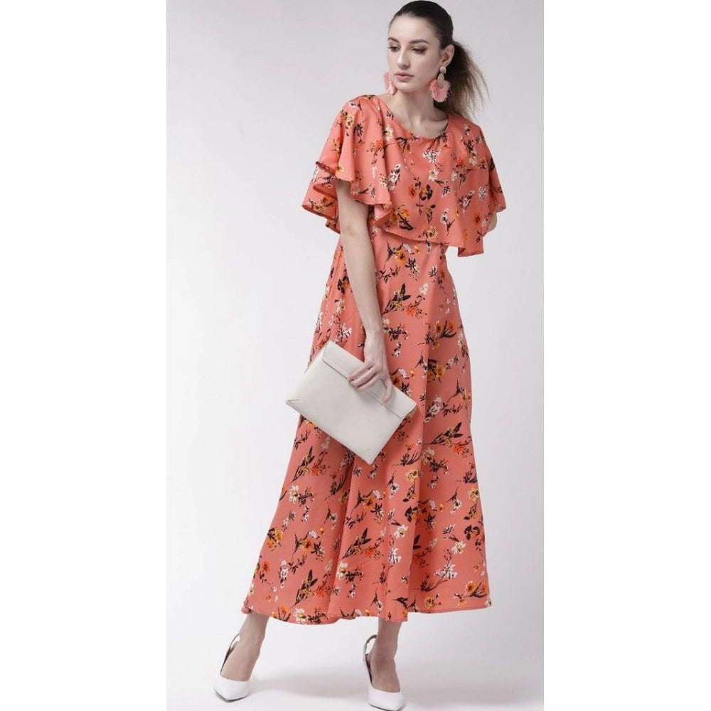Indoraa Women's Crepe Floral Half Sleeves Full Length Gown(Orange)