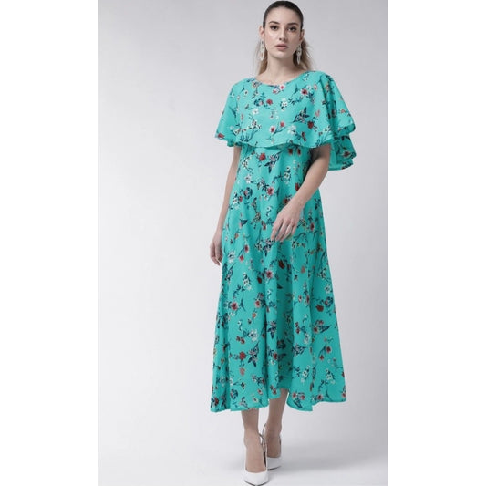 Indoraa Women's Crepe Floral Half Sleeves Full Length Gown(Turquoise)