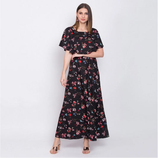 Indoraa Women's Crepe Floral Half Sleeves Full Length Gown(Black)
