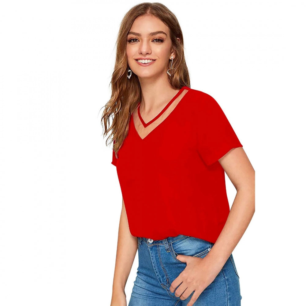 Indoraa Women's Polyester, Knitting Western Wear T-Shirt (Red)