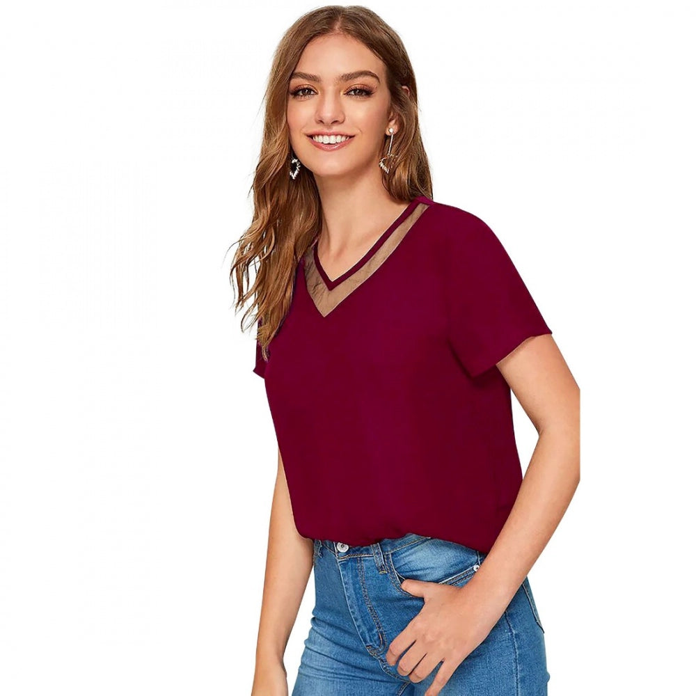 Indoraa Women's Polyester, Knitting Western Wear T-Shirt (Maroon)