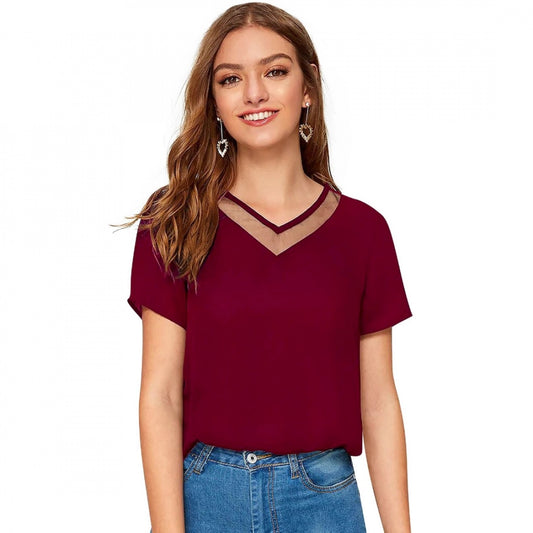 Indoraa Women's Polyester, Knitting Western Wear T-Shirt (Maroon)