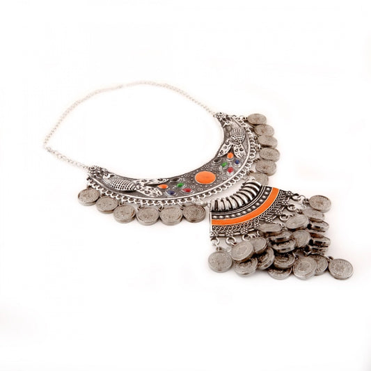 indoraa Designer Oxidised German Silver Tribal Necklace Pandeant Antique Necklace (Color: Silver)
