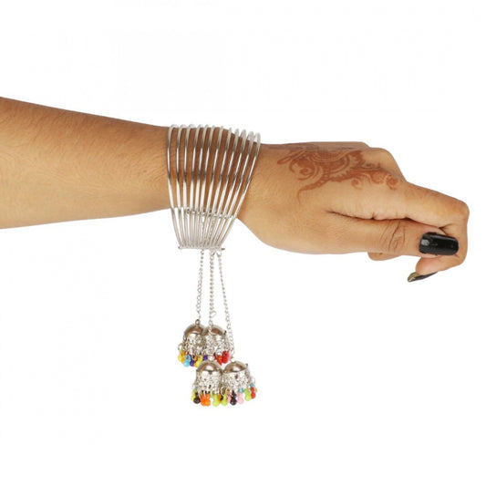 indoraa Stylish Oxidized Silver Bangle Bracelet With Hanging Jhumki (Color: Silver)